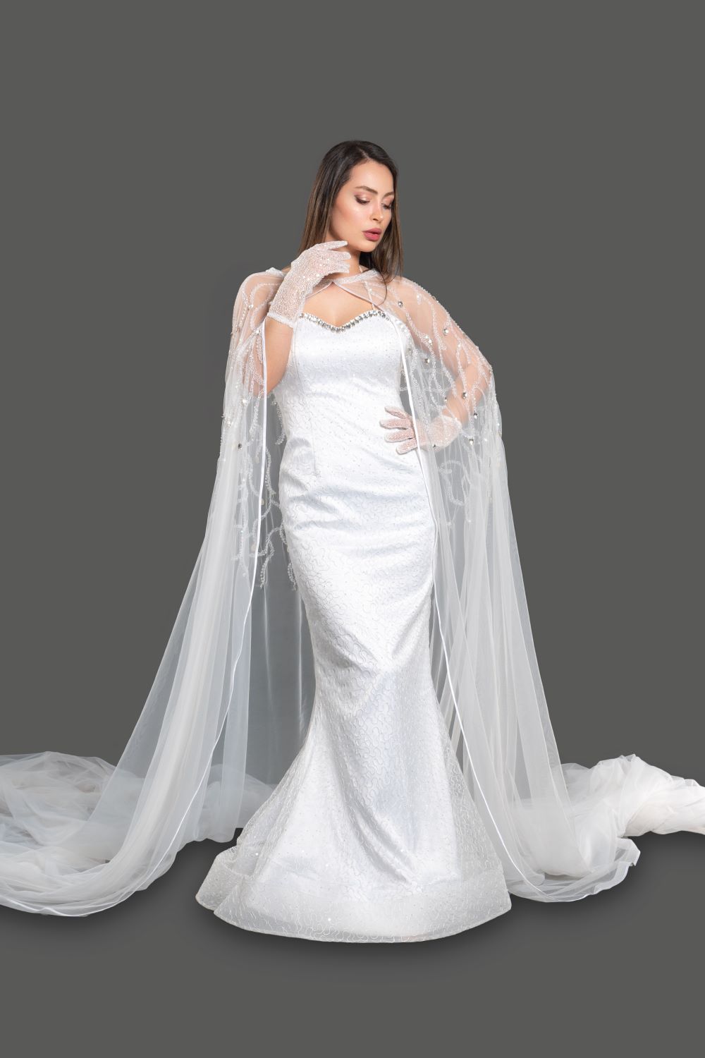 BEADED MERMAID GOWN WITH CAPE