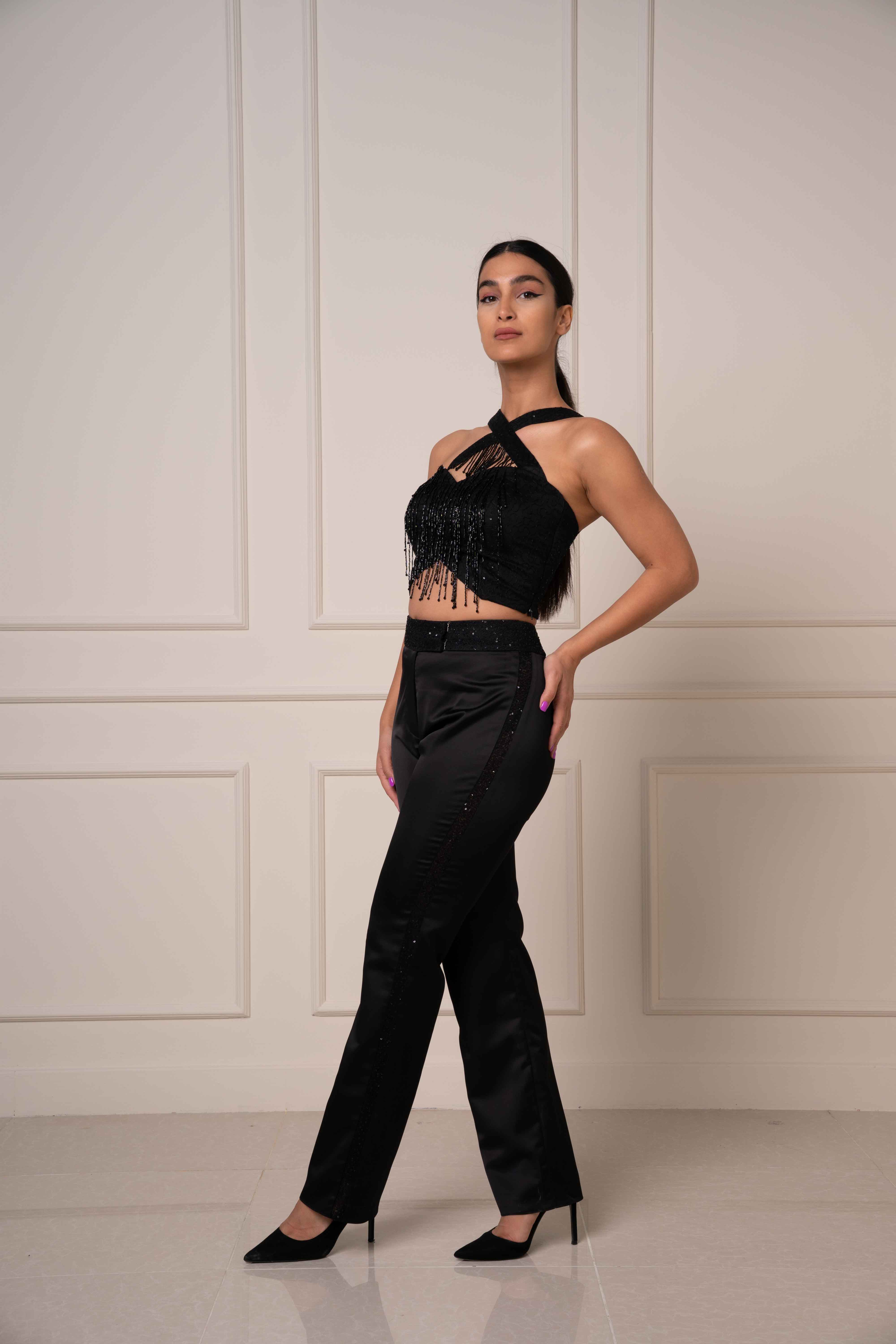 ELEGANT BLACK SATIN EMBELLISHED TROUSERS